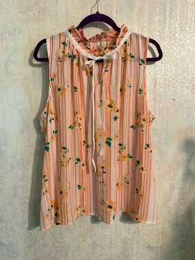 Elle Yellow And Coral Floral Striped Tie-Neck Sleeveless Blouse, Summertime XXL